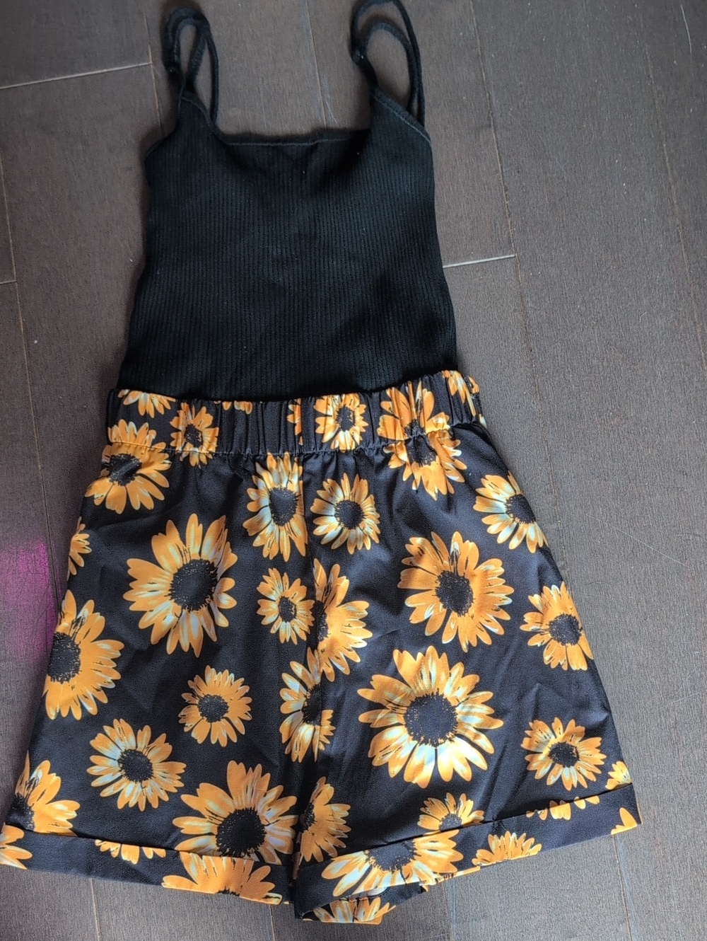 Black & Yellow Sunflower Print Girls' Shorts Romper